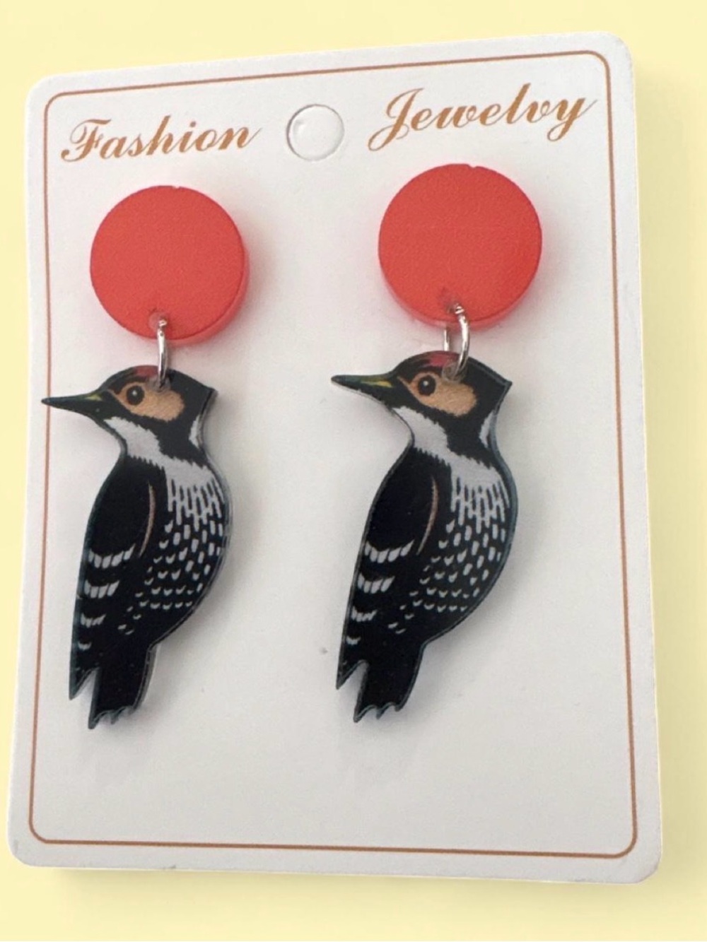 2D Acrylic Woodpecker Black Bird Dangle Earrings with Red Studs 1.75”
